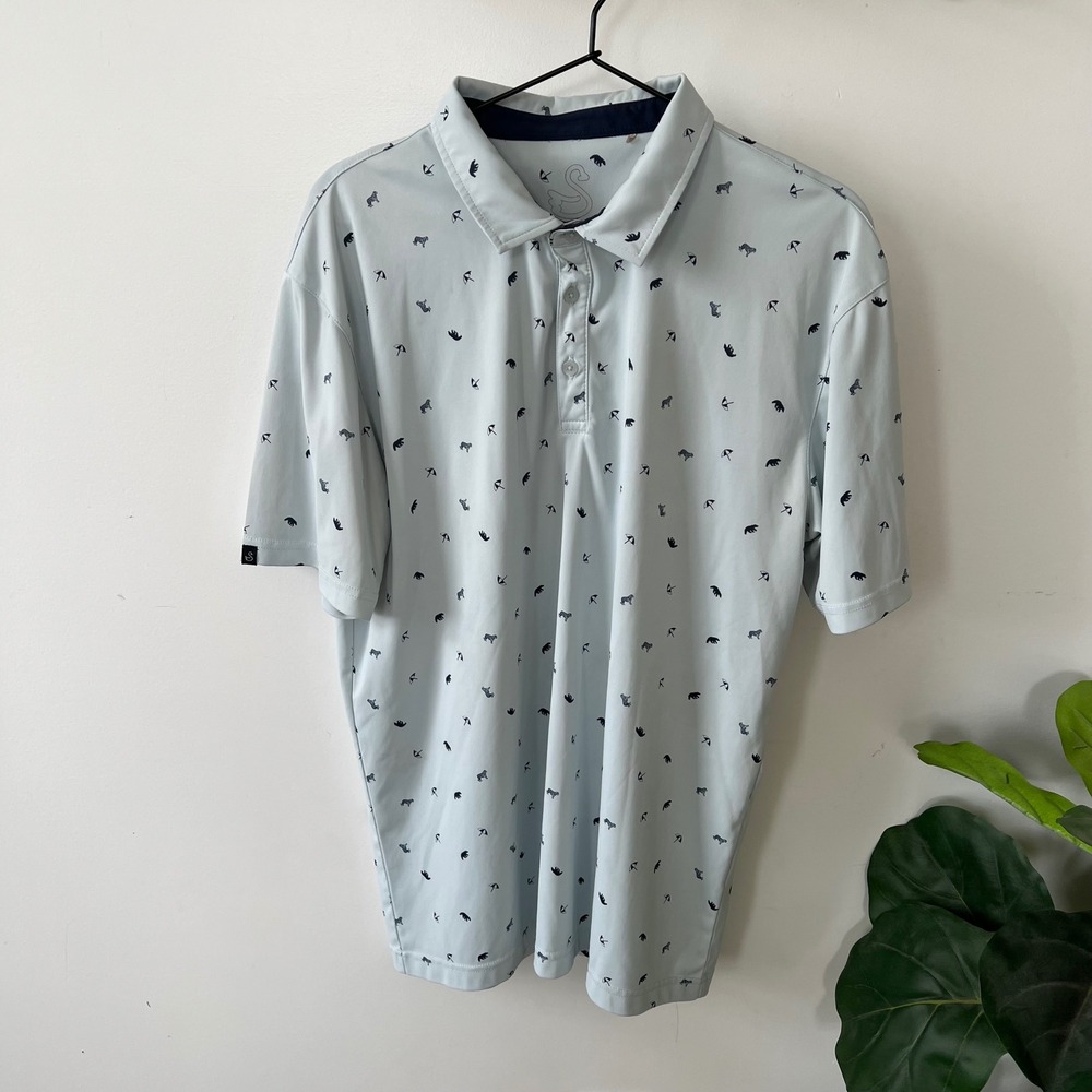 Swannies Golf Polo Mens Large Light Blue Tiger Bear Umbrella Print Performance